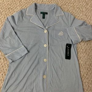 Lauren Ralph Lauren Bingham Knits Cotton Jersey Cropped PJ set, Blue Stripe, M